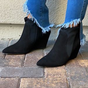 Black Genuine Suede Chelsea Pointy Toe Wedge Boot